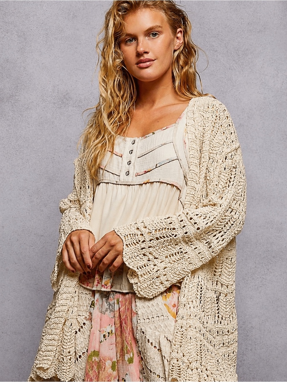 POL Crochet Open-Front Cardigan in Cream Size Small